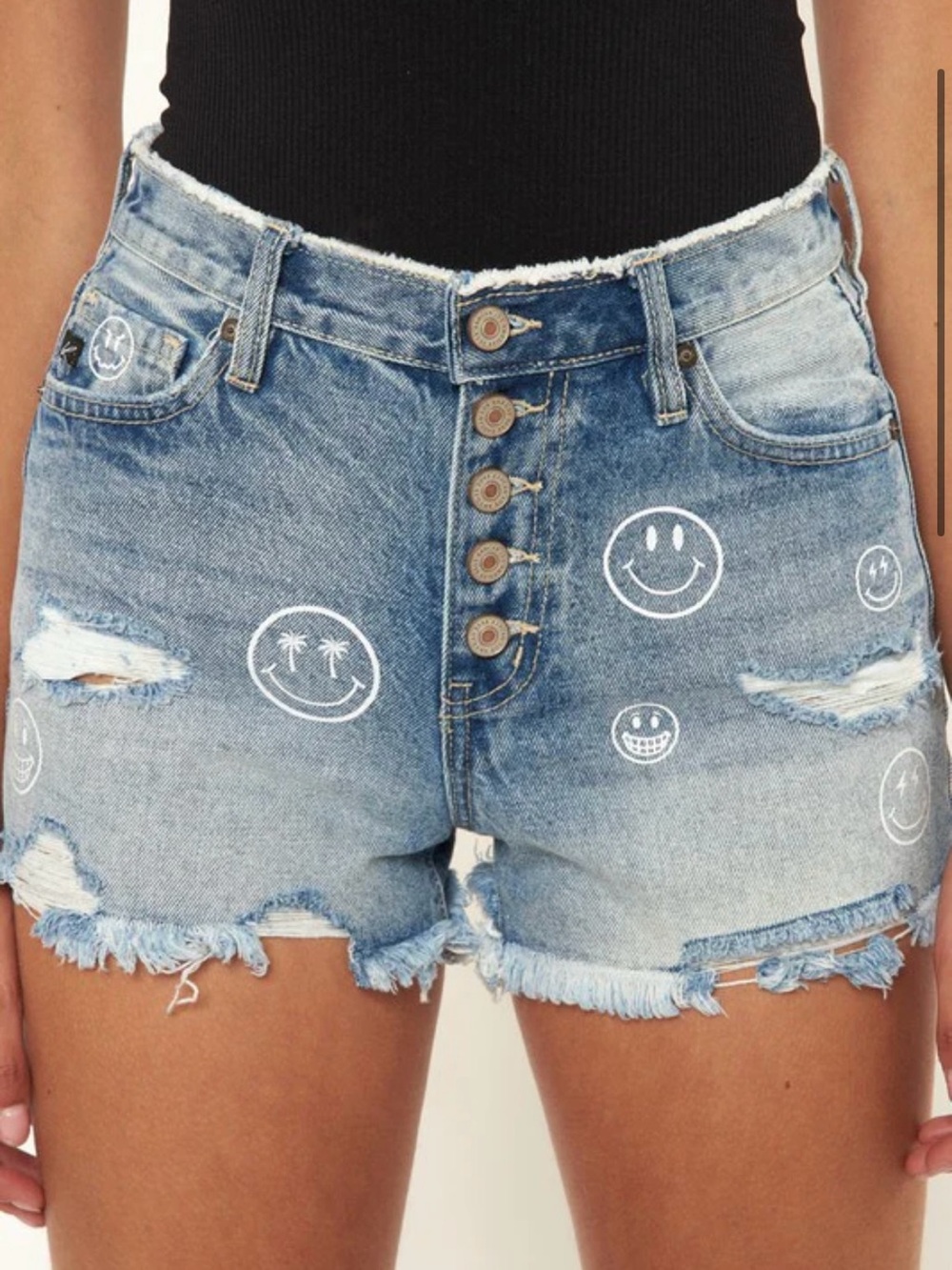 KanCan Blue High-Rise Distressed Denim Cut Off Smiley Button Fly Shorts Sz 13/30